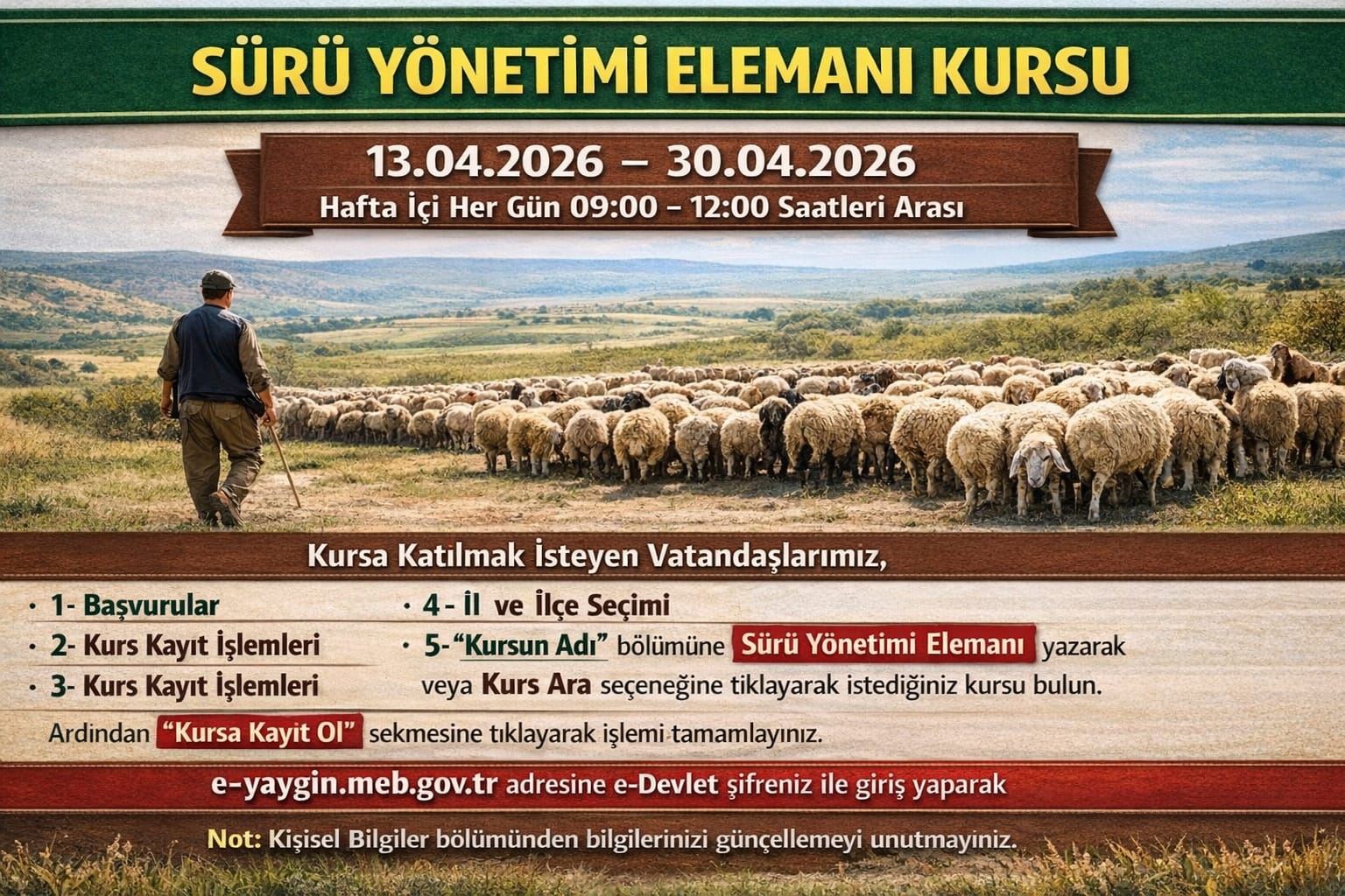 Bingöl’de hayvancılık alanında nitelikli eleman yetiştirmek amacıyla Sürü Yönetimi Elemanı